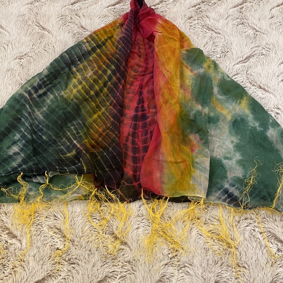 Elizabeth Gillett Riley Cotton Multi Colored Scarf with Yellow Tassels - Picture 8 of 13